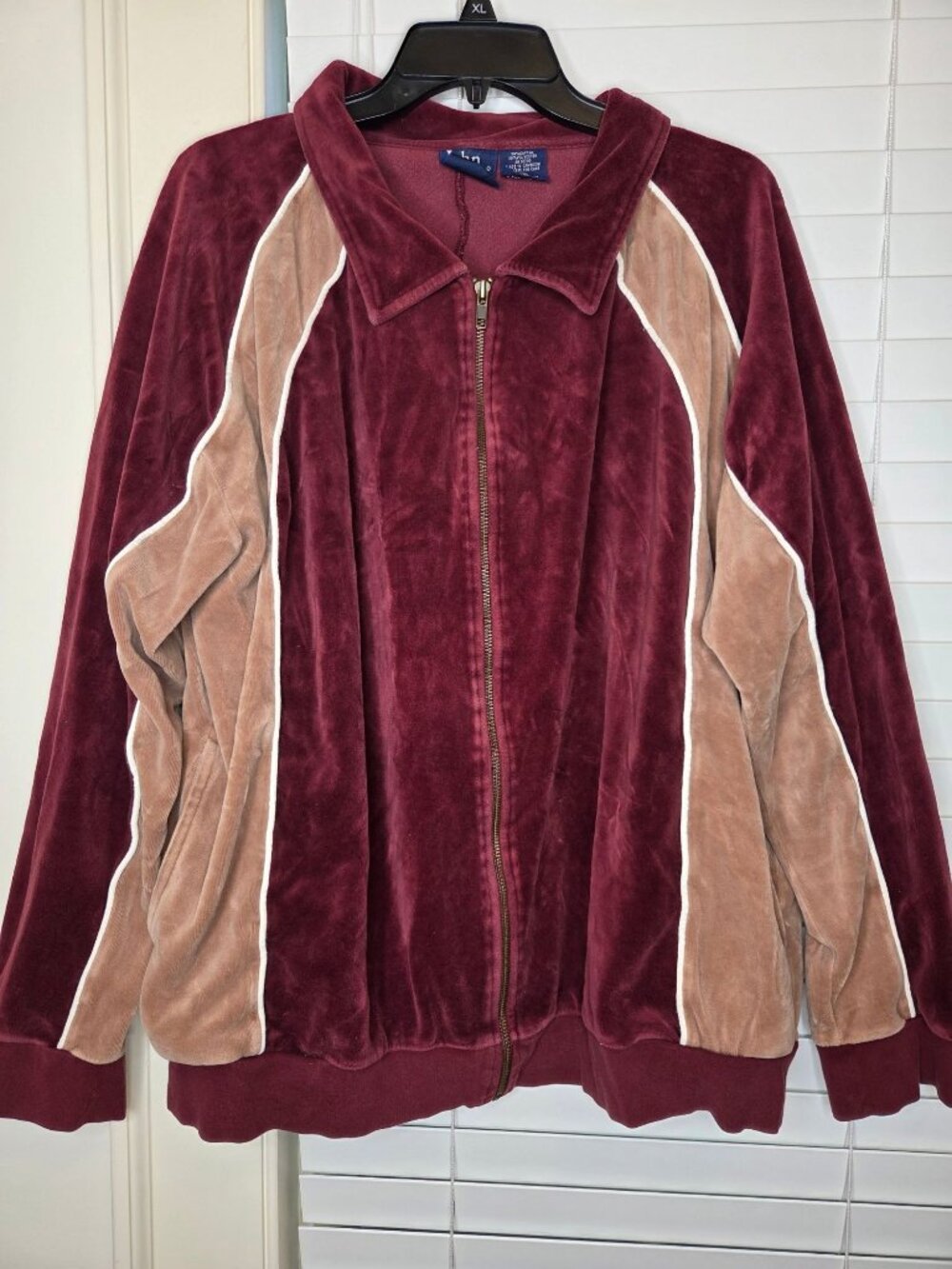 VTG John Blair Mens Velour Track Jacket 2XL Burgundy Tan 80s 90s Zip Grandpa